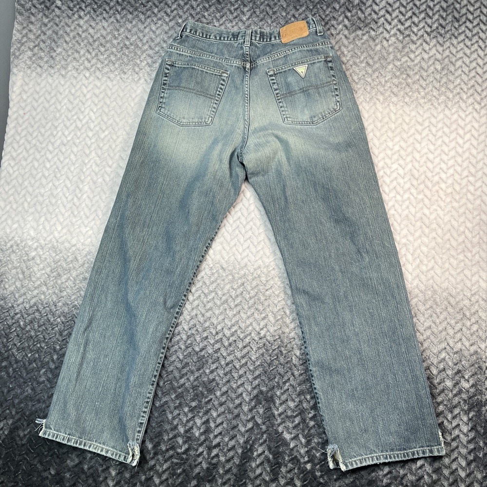 Vintage 90s Guess Denim Jeans 32x32 Faded Distressing Split Hem Baggy Y2K